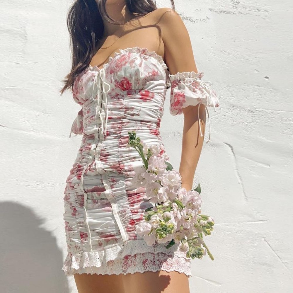 Floral Hook Eye Ruched Dress
